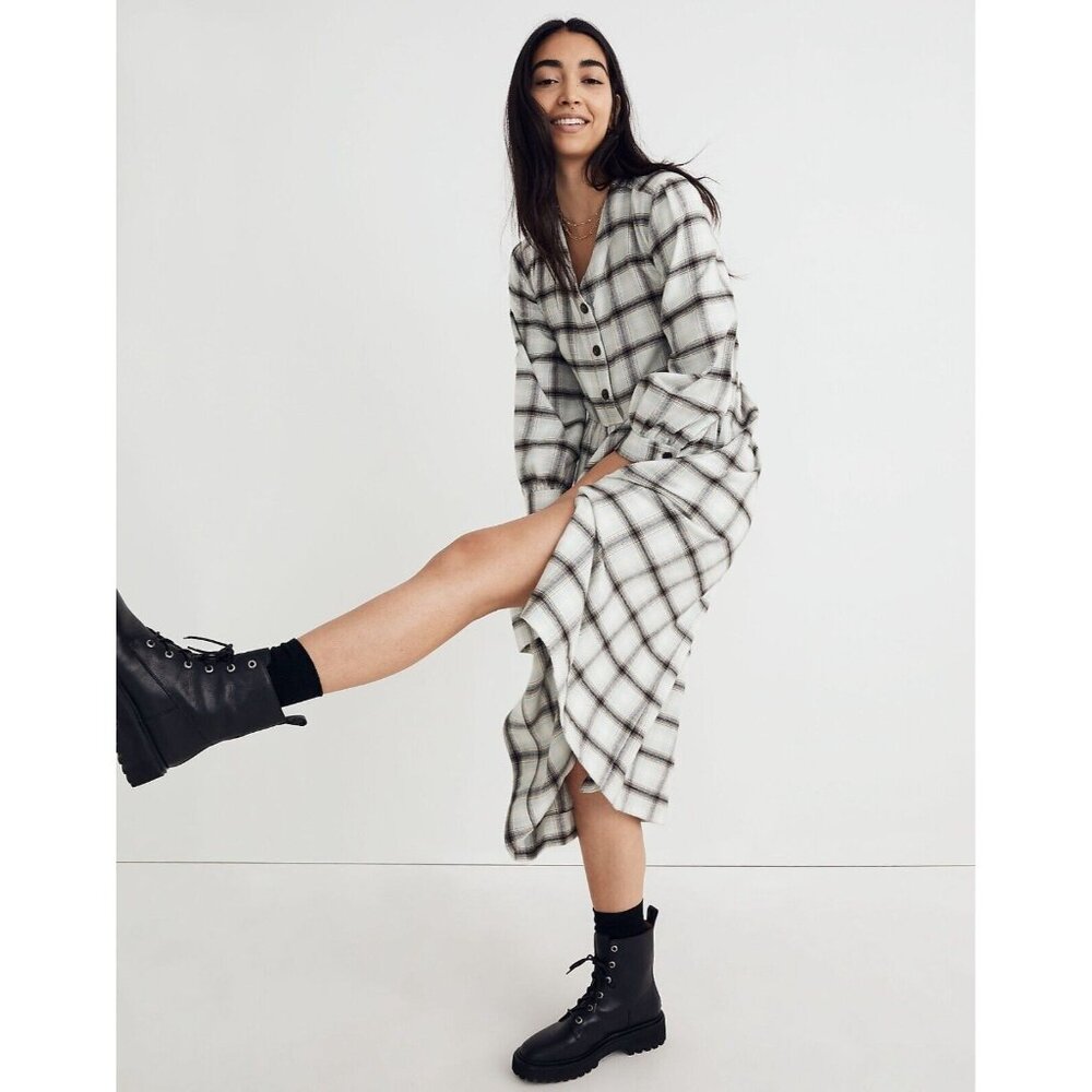 Madewell Size 0 Flannel Button-Front Midi Dress Plaid Pockets